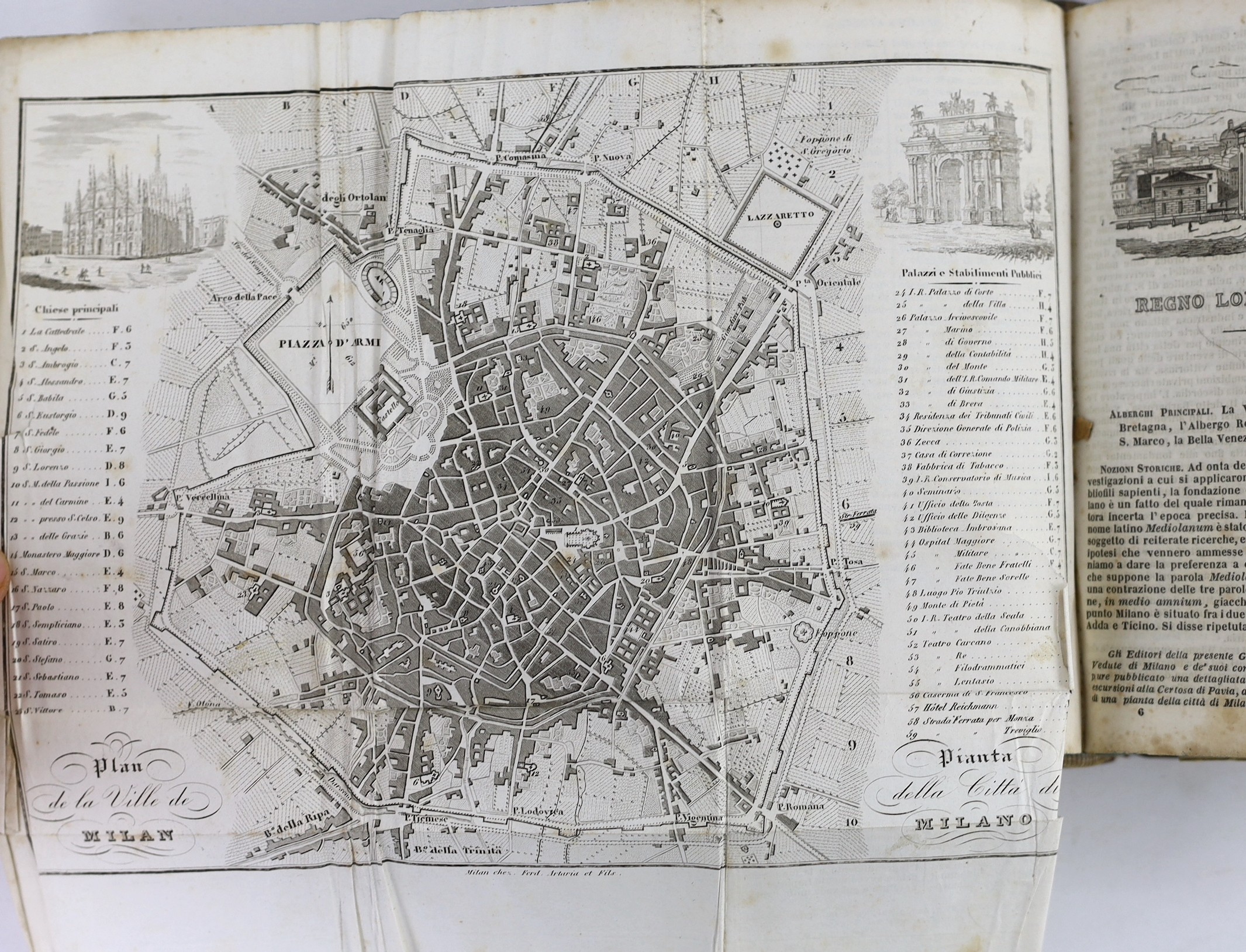 (Italy) Nuovissima Guida del Viaggiatore in Italia.....20 (mostly folded) maps and plans, text vignette illus., half and engraved titles; contemp. leather-backed cloth. Milan, 1845